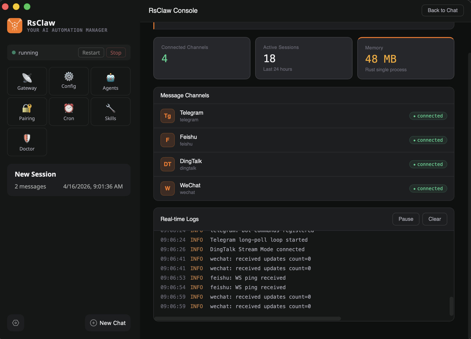 Dashboard — real-time logs & channel status at a glance