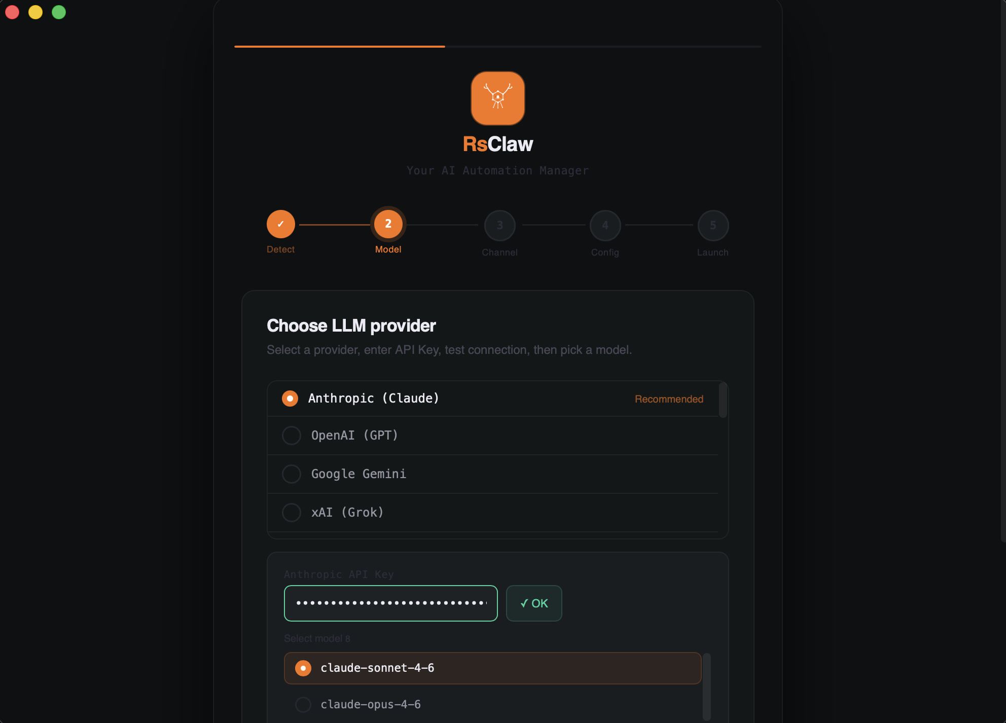 Model setup — connect LLM providers, pick your model